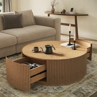 Fully Assembled Modern 31.5" & 35" W Contemporary Round Coffee Table with Solid Wood Fluted Base, 2 Hidden Storage Drawers & Wood Veneer Top