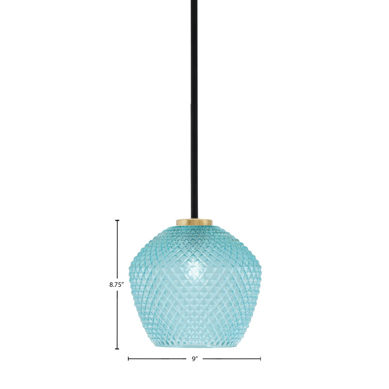 Mini-luminaire suspendu 1 lumière Amarmula, noir mat et laiton vieilli, verre texturé turquoise de 9 po, Sarcelle