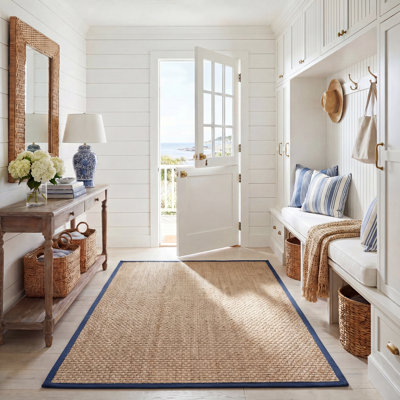 Tapis naturel / bleu en lattes de bambou / bleu marine
