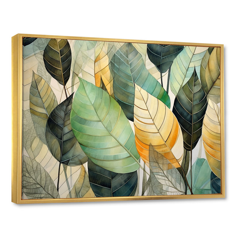 Feuilles vertes et jaunes tranquillité sur toile, Cadre flottant doré, H 24 po x l 32 po x P 1 po
