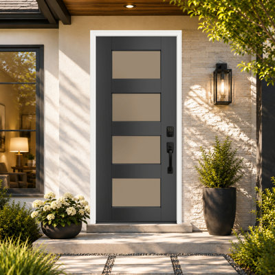 36” x 80” Contemporary 4-Lite Black Fiberglass Entry Door Slab – Left-Hand Inswing