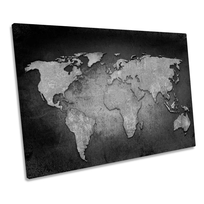 Map Of The World Grunge B&W - Wrapped Canvas Print, 81.3cm H x 121.9cm W x 4cm D