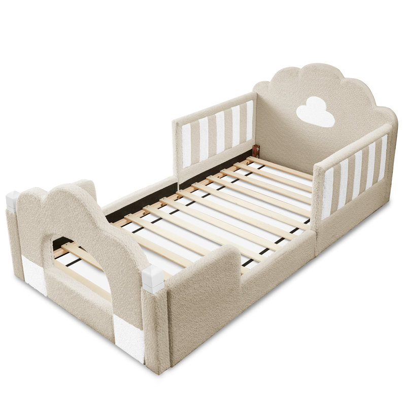 Lit simple avec barrière de sécurité, structure de lit en bois massif pour chambre à coucher, tissu Boucle, Chameau