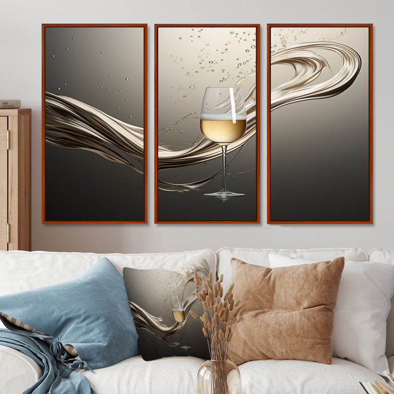 «Champagne Glass River Simplicity - Champagne, art mural», H 40 po x l 60 po, Cadre flottant brun