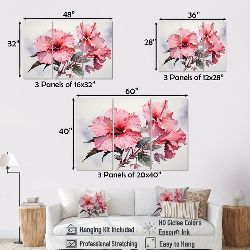 Hibiscus rose, minimalisme, ensemble d'art sur toile, H 40 po x l 60 po x P 1 po