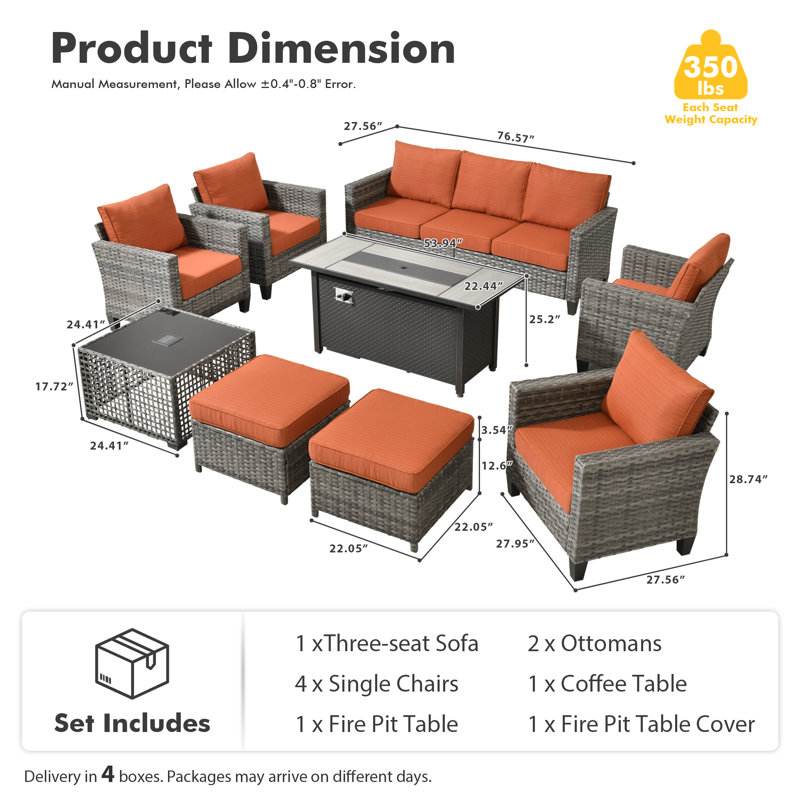 Harbin Wicker/rattan 9- Person Outdoor Seating Group With Ottoman With Fire Pit Table, Orange/Red