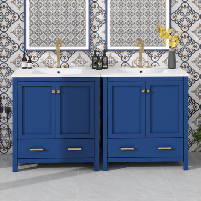 60 Inch Bathroom Vanity Suite Featuring Double Vanities And Twin Ceramic Sinks With Divided Drawers