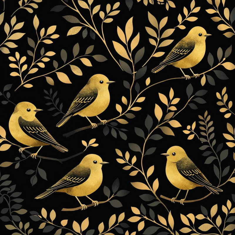 Couvre-lit matelassé Birds On Branches, Très grand lit, Or noir