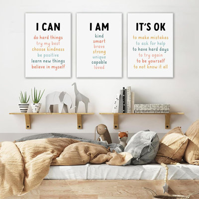 3 pièces Affirmations pour enfants, art mural, chambre de bébé, décoration quotidienne, citations, impressions, affiches, enfants, chambre à coucher, peinture sur toile, «I am I Can», mots, images pour chambre de bébé