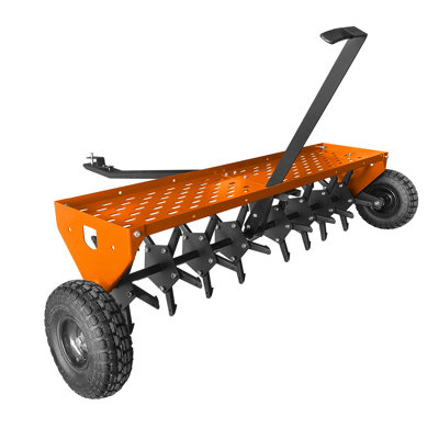 48" Tow-Behind Plug Aerator for Lawn Tractor, ATV, or Zero Turn Mower – Heavy Duty Galvanized Steel, 32 Spikes, Global Hitch, Weight Tray, Inflatable Wheels – Yard, Garden, or Farm – Orange Color