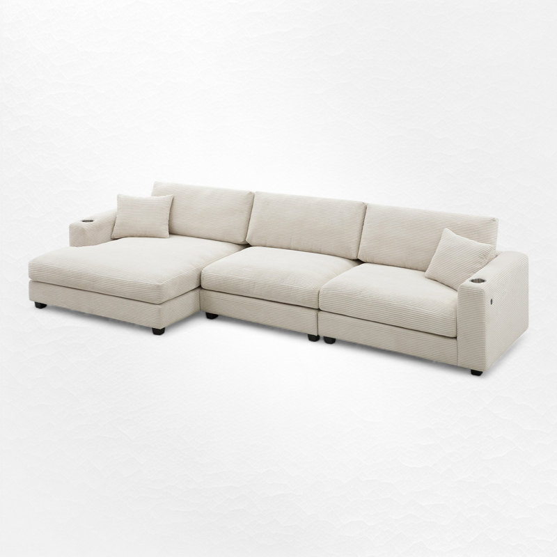 Oversized Sectional Sofa With Chaise, Beige Corduroy