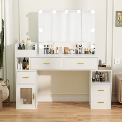 Large Makeup Vanity with LED Bulbs, Tri-fold Mirror and Built-in Charging Station