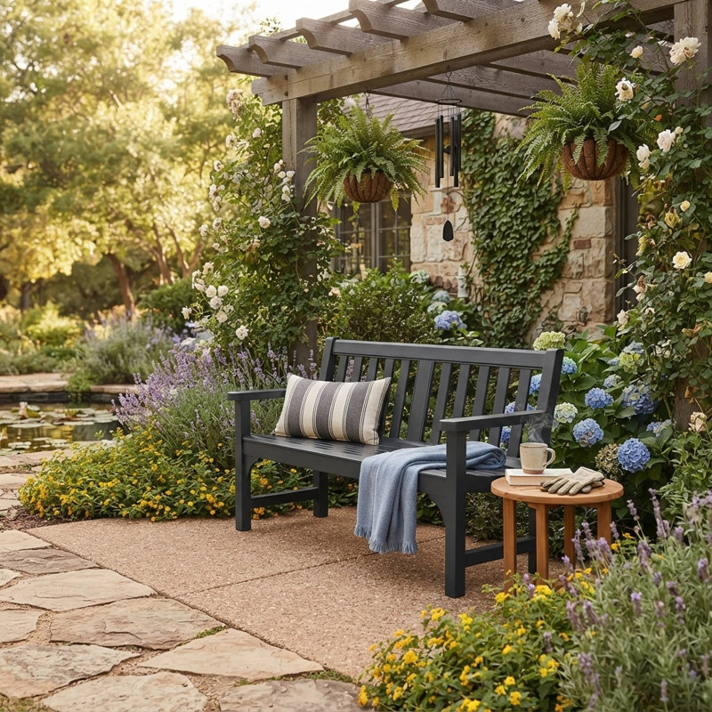 Banc de jardin extérieur en aluminium moulé de 133 cm de large, résistant aux intempéries, avec dossier et accoudoirs, pour pelouse, porche et cour (noir)