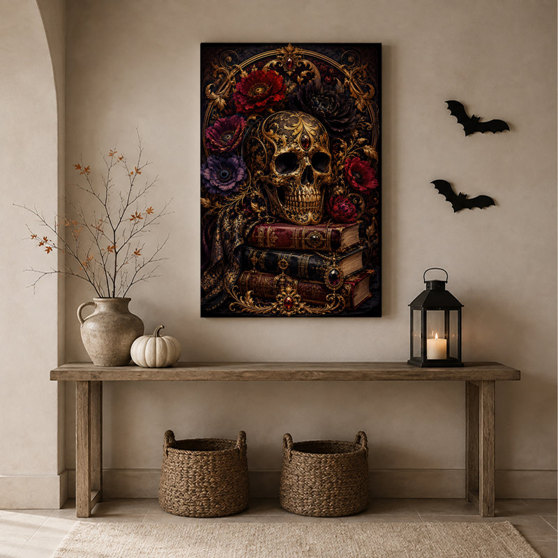 Toile dorée crâne doré avec fleurs rouges et livres anciens, 30"H x 20"W