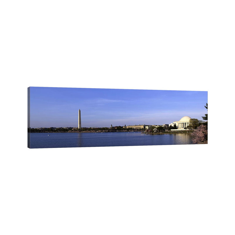 Cherry Blossoms At The Tidal Basin, Jefferson Memorial, Washington Monument, National Mall, Washington DC, USA by Panoramic Images - Wrapped Canvas Panoramic Print