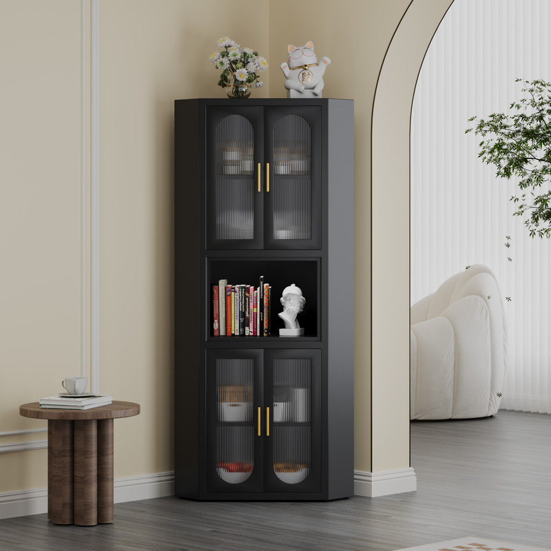 Accent Metal Sturdy Tall Corner Storage Cabinet For Kitchen Home Office, Black