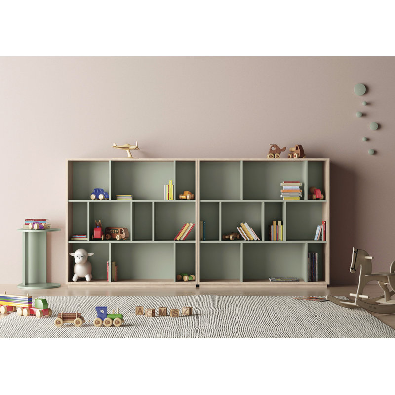 Geonna 117cm H x 111.5cm W Geometric Bookcase, Light Oak/Green