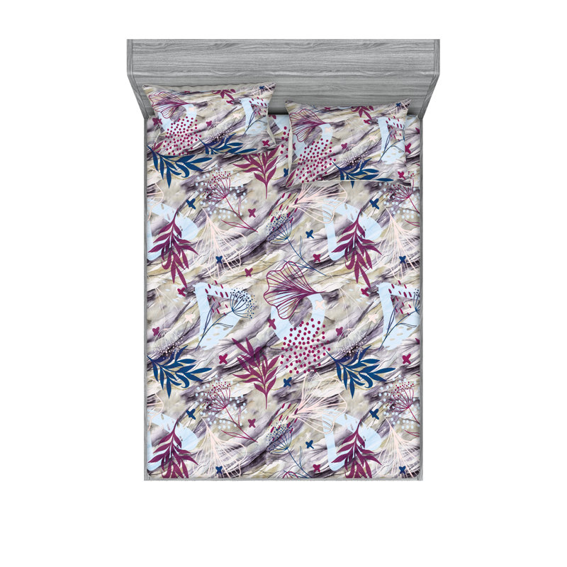 Ambesonne Fitted Sheet & Shams 3 Pcs Retro Botany Exotic Leaves Calking Pale Rust Seafoam Emerald