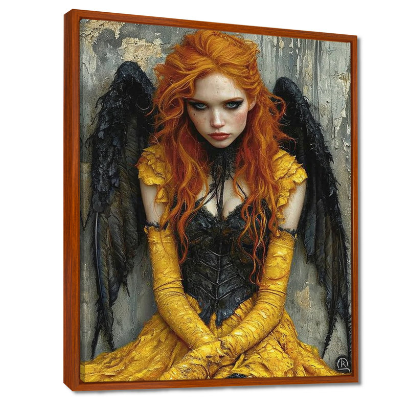 Art mural de salon gothique rousse Pixie Black Wings - ailes d'ange, H 32 po x l 24 po, Cadre flottant brun