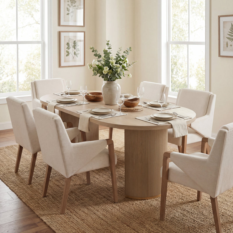 Ensemble de table de salle à manger Krisslyn pour 6 personnes en bois d'hévéa avec chaises rembourrées et base double
