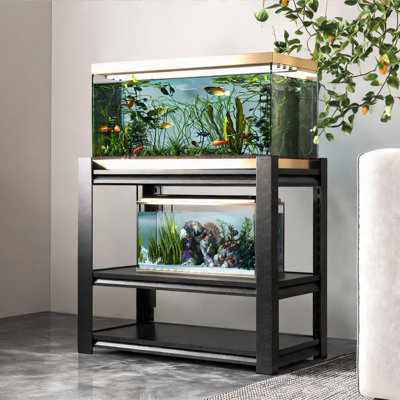 Metal matte black 3-tier adjustable aquarium stand, heavy duty rack for 20-30 gallon fish and reptile tanks, ideal for home and office storage display
