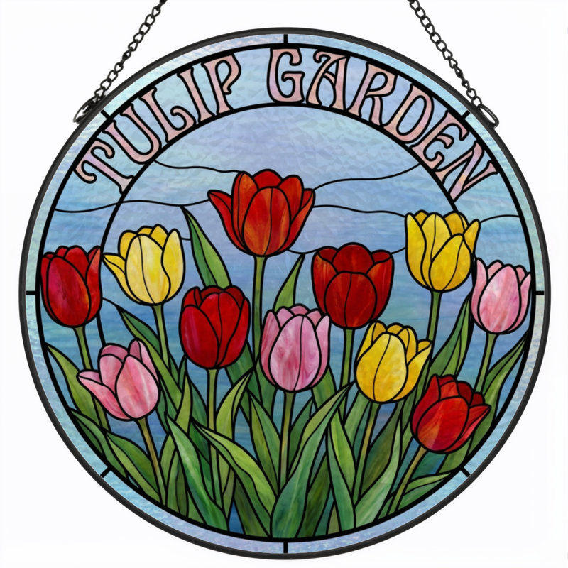 7.8"H Tulip Garden Stained Glass Window Panel, 7.8" H x 7.8" W