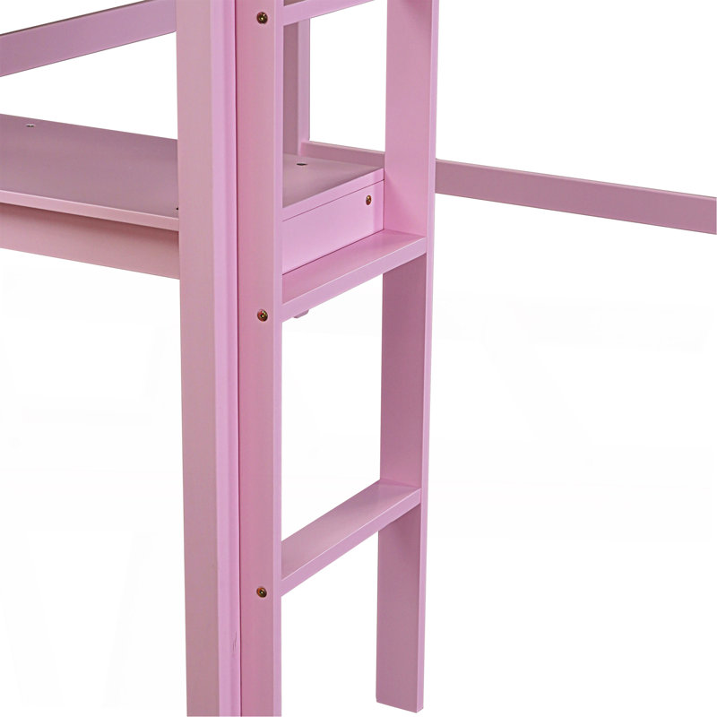 Lit mezzanine simple haut, lit mezzanine en bois d'hévéa avec garde-corps de sécurité, bureau intégré, échelle, rose, Rose