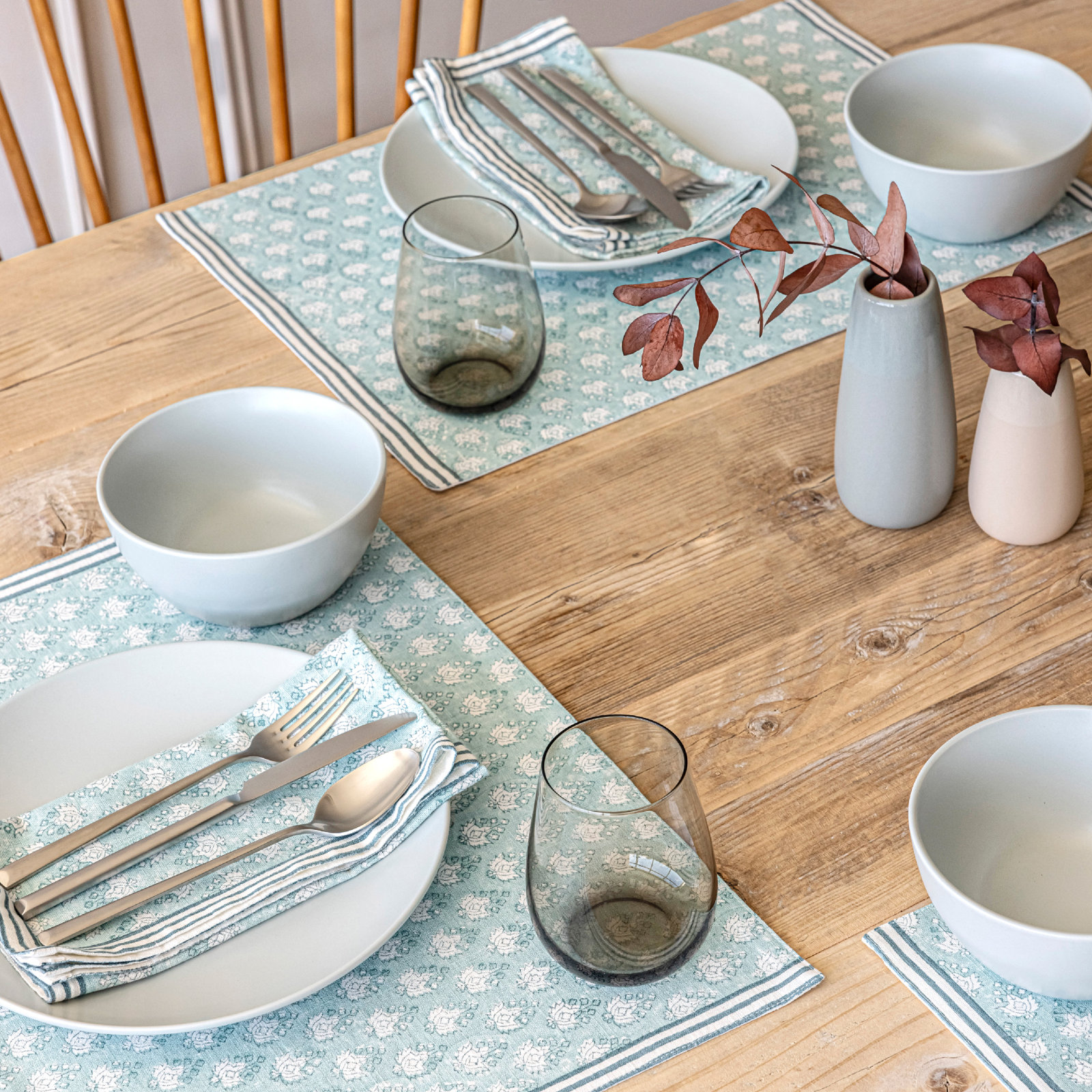 Hand-Blocked Cotton Placemat, Blue Leaf