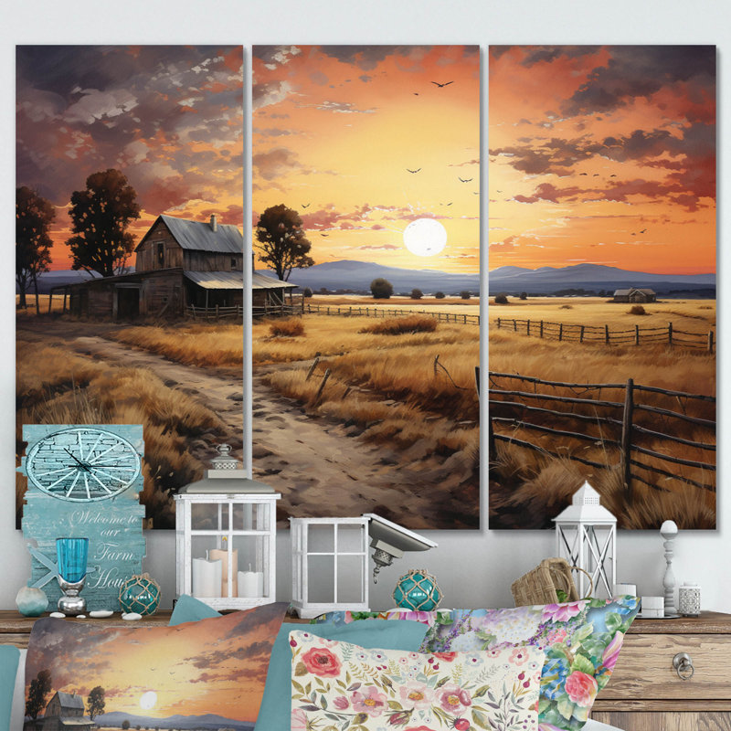 Paysage de grange au crépuscule IV - ensemble d'art mural de ferme, H 28 po x l 36 po x P 1 po