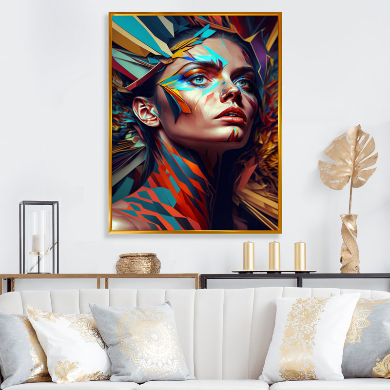 Portrait de femme cubique VI - Impression sur toile, H 40 po x l 30 po x P 1,5 po, Toile avec cadre flottant or