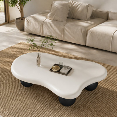 Table basse de 47 pouces en forme de nuage avec 3 pieds sphériques pour le salon, pieds blancs et pieds noirs