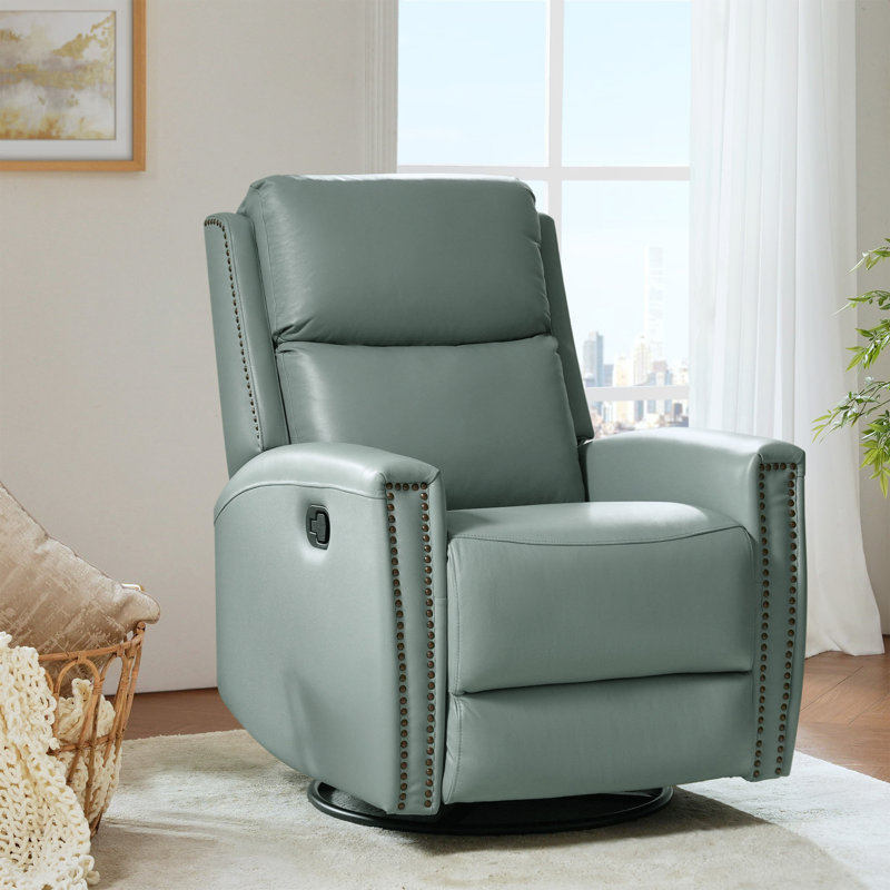 Chikako Genuine Leather Swivel Rocker Manual Recliner, Sage Genuine Leather