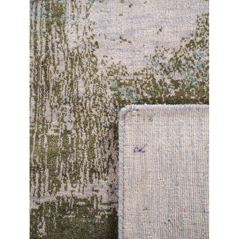 Tapis d'intérieur en laine nouée à la main, motif beige et vert abstrait, Tapis de couloir 2 pi 6 po x 6 pi