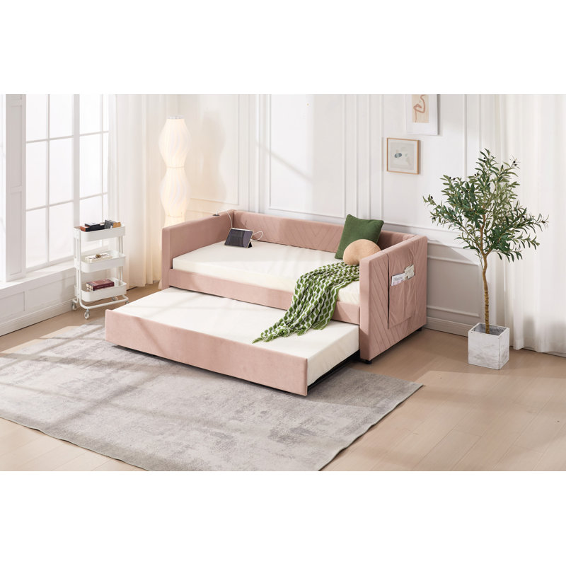 Upholstered Daybed With Trundle,USB Port ,Side Pockets, V-Grained Backrest Design,No Box Spring Needed, For Bedroom, Guest Room