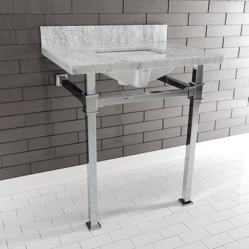 Kingston Brass Monarch 30-Inch Carrara Marble Console Sink with Stainless Steel Legs (8-Inch, 3-Hole)