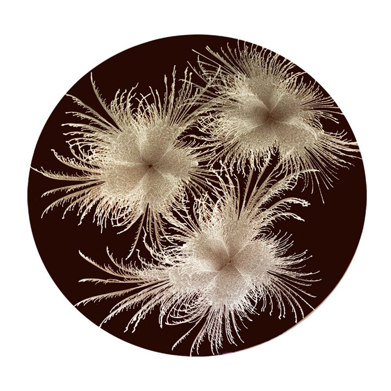 Silver Three Feathers Round Placemat With Burgundy Background