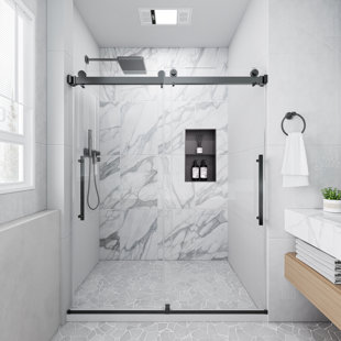 56-60 In. W X 74 In. H Semi-Frameless Sliding Shower Door with 1/4 in. Clear Tempered Glass