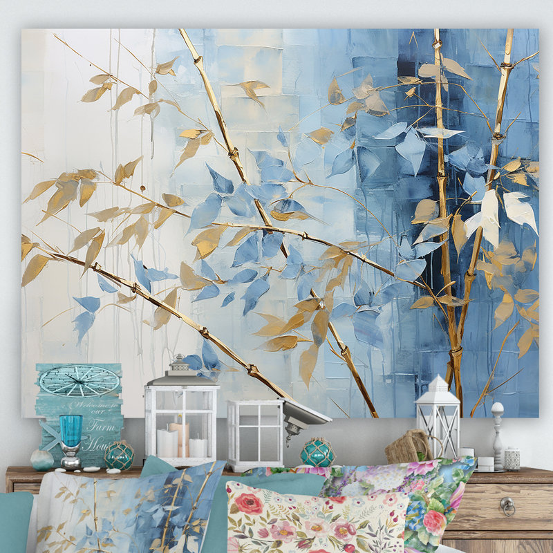 «Blue and Gold Bamboo Dance - Bamboo Canvas Wall Art_106586», Toile tendue, H 34 po x l 44 po