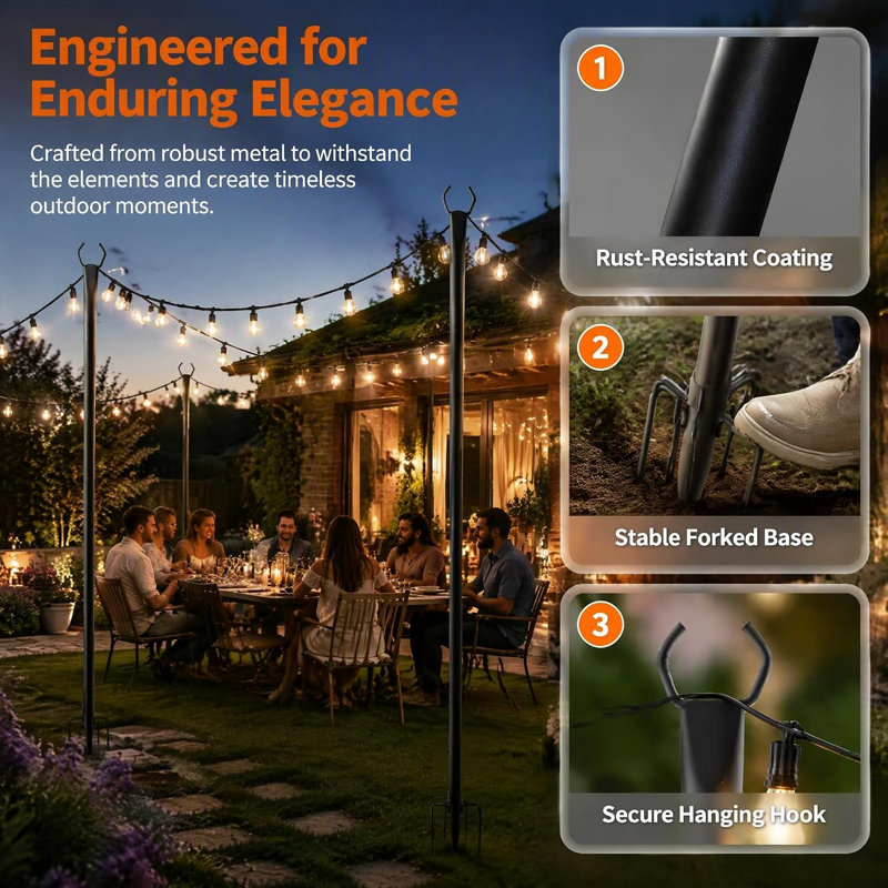 2.65m String Light Poles Adjustable Light Pole with Fork (Set of 6)