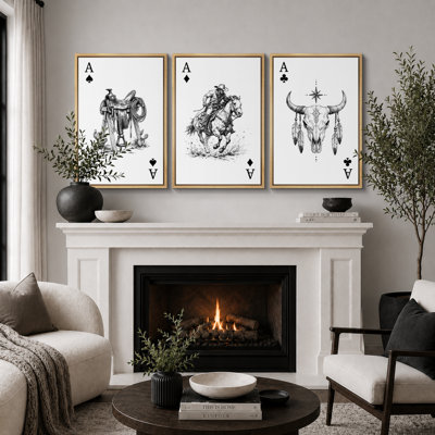 Western Cowboy Playing Card Artwork, Living Room Pictures, Framed Canvas Giclee Print 3 Pieces Wall Art