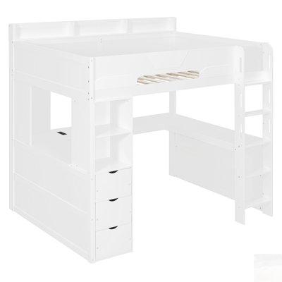 Lit mezzanine en bois avec bureau en forme de U, lumières DEL RVB intelligentes et ports USB, canapé-lit multifonctionnel à 3 tiroirs et tablettes de rangement pour adolescents