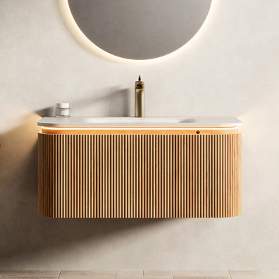 - Pattern Sintered Stone Hot Bent Basin 36'' Bathroom Vanity, Floating Cabinet, 3d Striped Natural , Led , Ample Storage, Pre Assembled Vanity With Sink, Finish In Stone, Sensor Soft Close System,