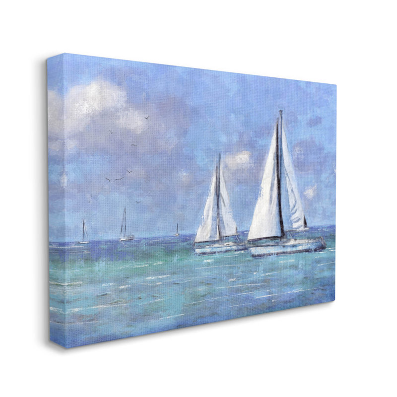 Voiliers dérivant un ciel bleu vif par Nina Blue - peinture sur toile tendue, H 16 po x l 20 po x P 1,5 po