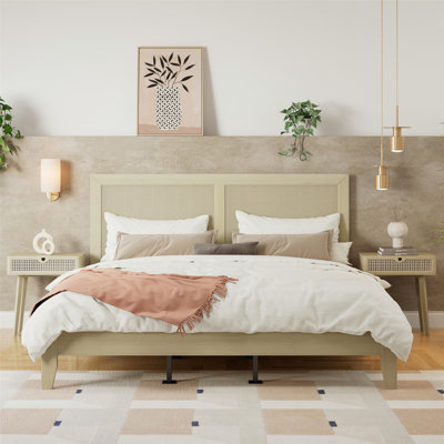 Sturdy Solid Wood Platform Queen Bed with Rattan Headboard for Boho and Modern Styles
