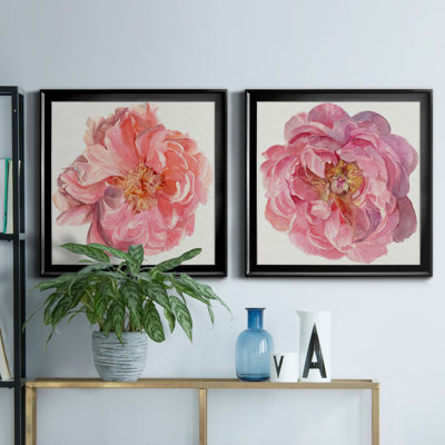 Blossomed Peony I - Pink Peonies Wall Art, Matted and Framed Under Acrylic Glass, Set of 2, Large Living Room Wall Art