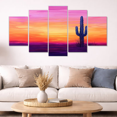 «Minimal Cactus Sunset Horizon I», ensemble d'art mural imprimé floral de cactus de 5