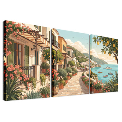 "Coastal Village Path" avec citronniers et bateaux, ensemble de 3 toiles