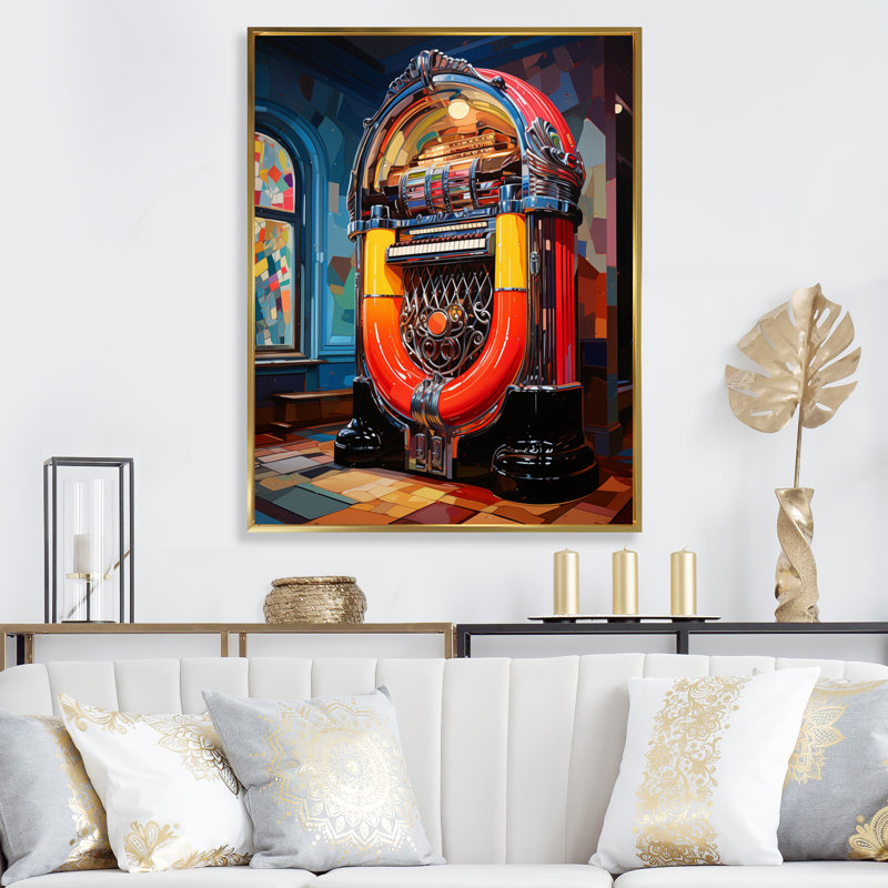 Impression sur toile Jukeboxes Nostalgic Melody I - Divertissement, Cadre flottant doré, H 32 po x l 16 po x P 1 po