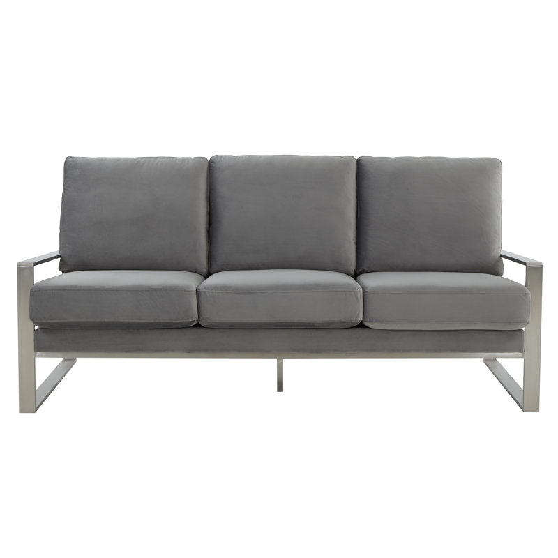 Canapé 3 places en velours Gratiano avec base en acier inoxydable argenté Gratiano, Velours gris clair