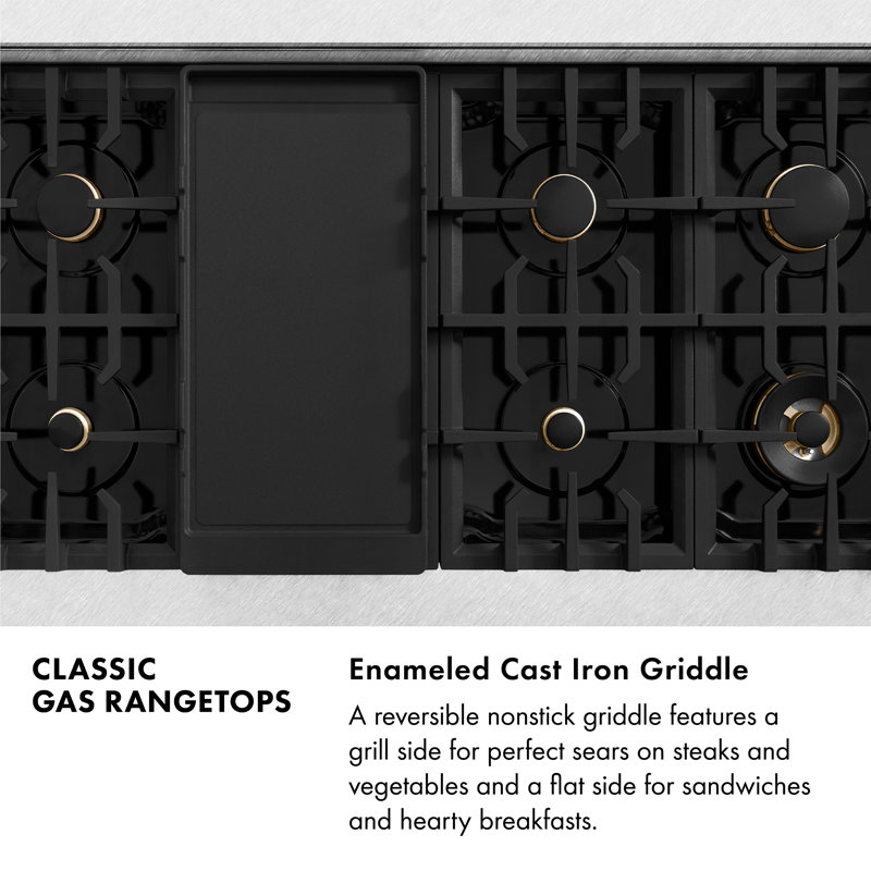 ZLINE 48" Porcelain Gas Stovetop in Fingerprint Resistant with 7 Gas Burners and Griddle, Stainless Steel/Brass Burners